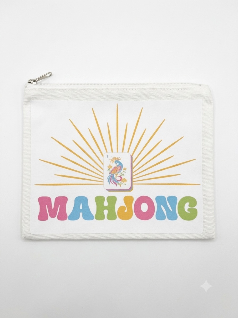 Mahjong Zip Pouch — White Canvas with Multicolor Retro Print 9.5 In by 7.5 In